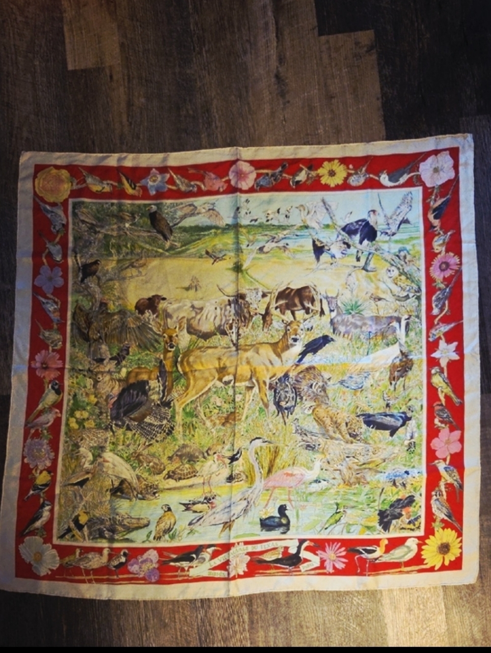 HERMES Silk La Vie Sauvage Du Texas Scarf Deer Birds Flowers Wildlife 90 Red